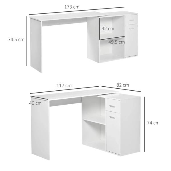 White corner desk with built-in shelves, two drawers, and cabinet, shown with dimensions