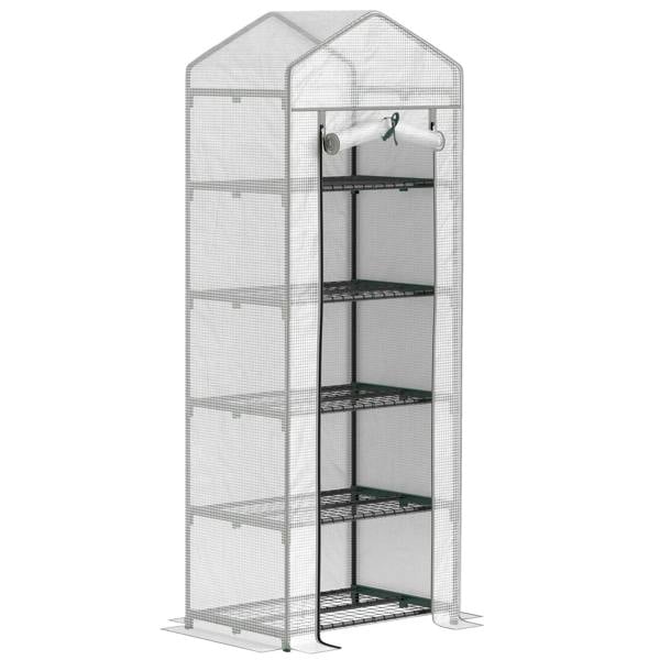 White five-shelf mini greenhouse with transparent panels and metal racks inside