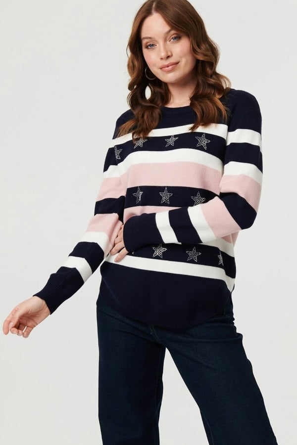 Navy | Sparkly Star Embellished Stripe Jumper
