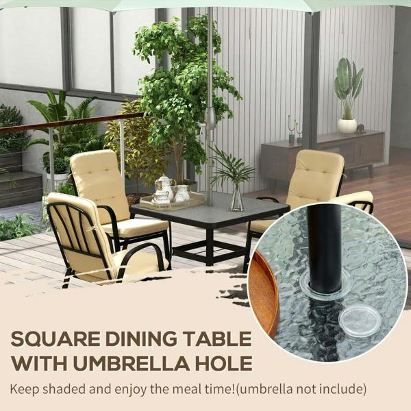 Beige cushioned patio dining armchairs around square table with umbrella hole
