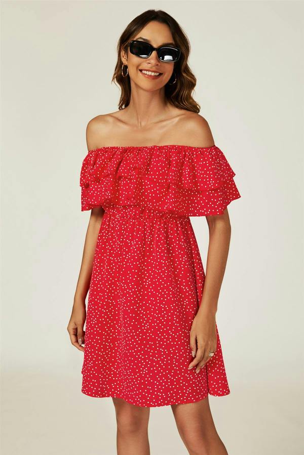 FS Collection Polka Dot Bardot Frill Mini Dress In Red
