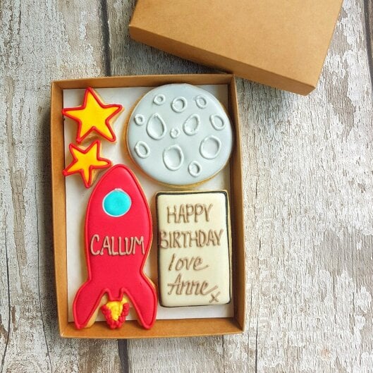 The Cookie Collaboration Hand-iced Personalised Rocket, Moon & Stars Cookie LETTERBOX GIFT/children's gift