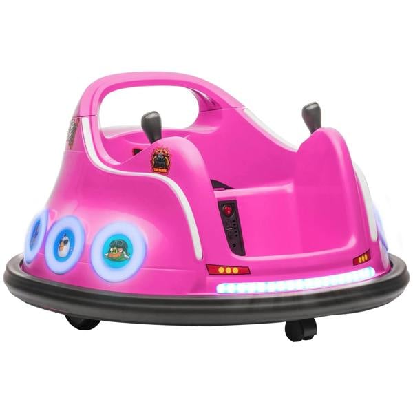 Pink kids bumper car with clear dome, front decals, and blue LED lights