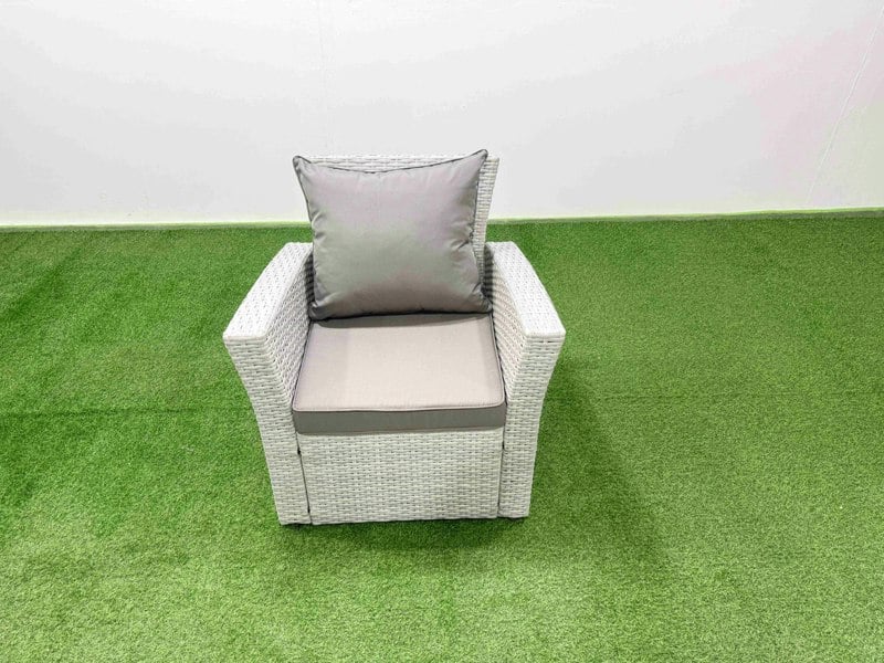 Fimous 10 Seat Rattan Garden Furniture Corner Sofa Set Outdoor Gas Fire Pit Table Set with 3 Footstools Light Grey