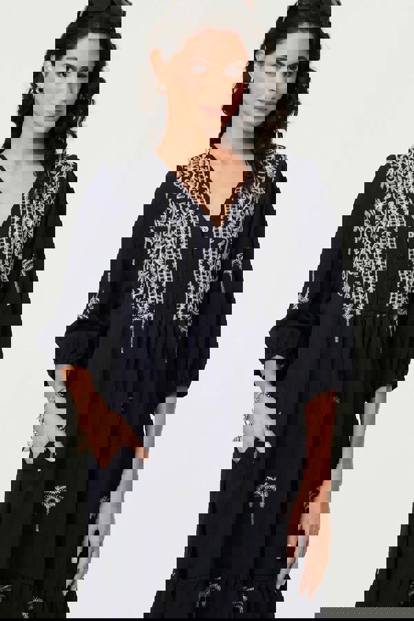 Navy | Border Print Relaxed V-Neck Midi Dress