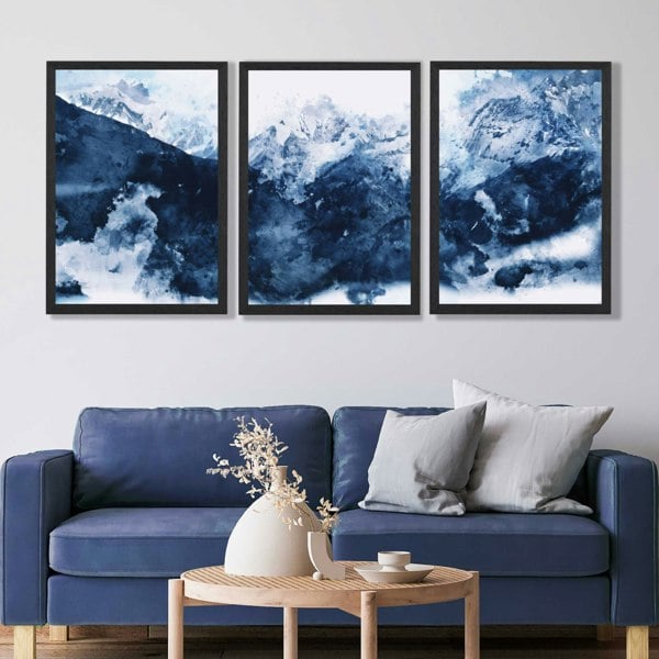 Abstract Navy Blue Mountains Set of 3 Art Prints in Luxury Frames | Artze UK