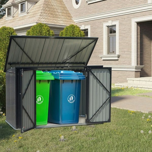 Livingandhome Outdoor Metal Garbage Storage Shed with Hinged Lid Living and Home 