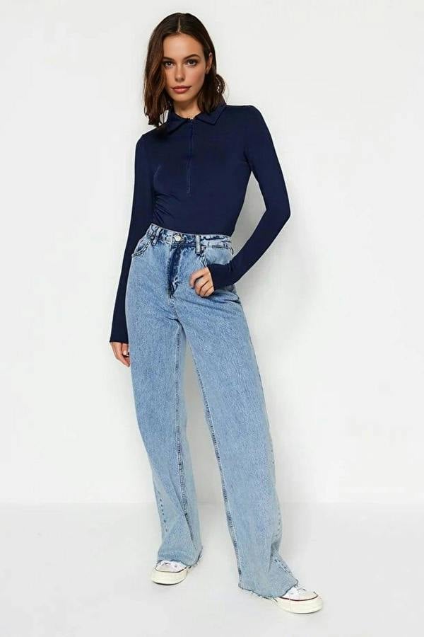 WOVCOR Zipper Collar Detailed Knit Bodysuit