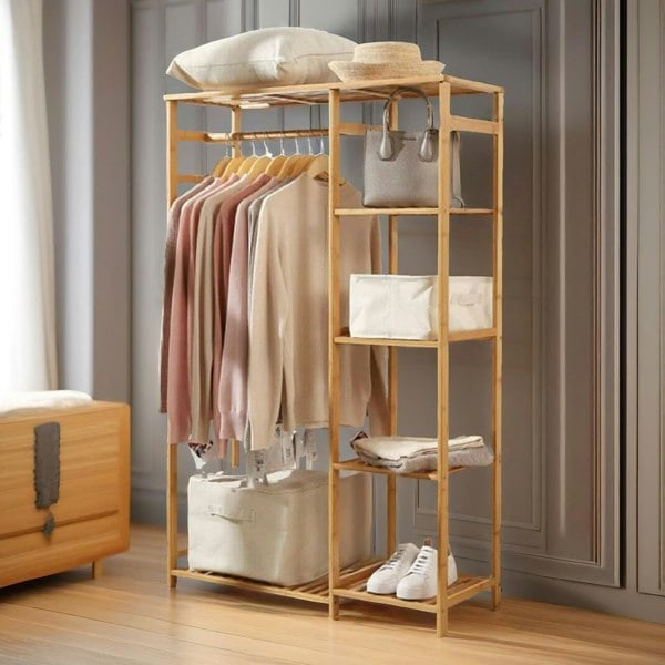 Rafaelo Mobilia Natural Wooden Bamboo Clothes Rail With 5 Shelves Open Wardrobe Garment Rail Garment Rack