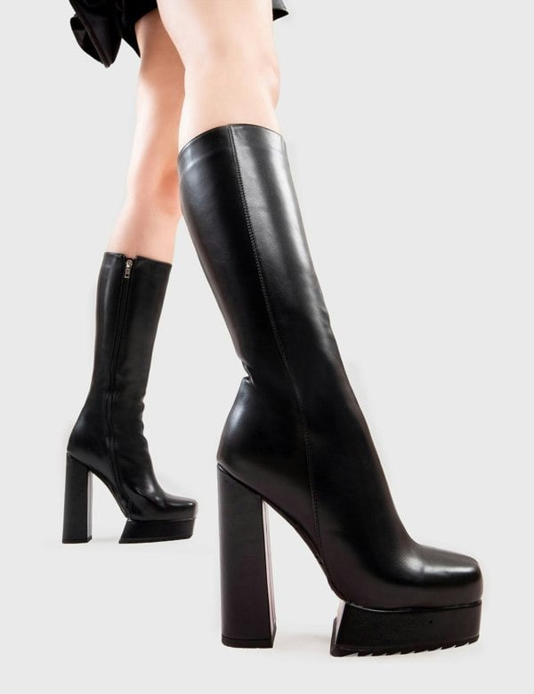 Lamoda Calf Boots Boiling Point Square Toe Platform Heels with Zipper, Black