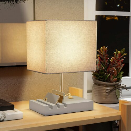 Wyld Haus Kata Wood And Fabric Grey Bedside Table Lamp With USB Charging Ports Phone Stands And Fabric Shade