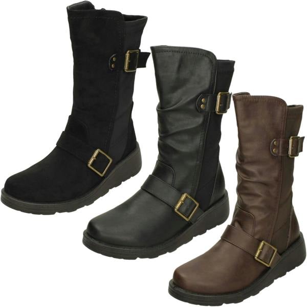 Spot On Ladies Spot On Buckle Detail Wide Fit Mid-Calf Boots F4452