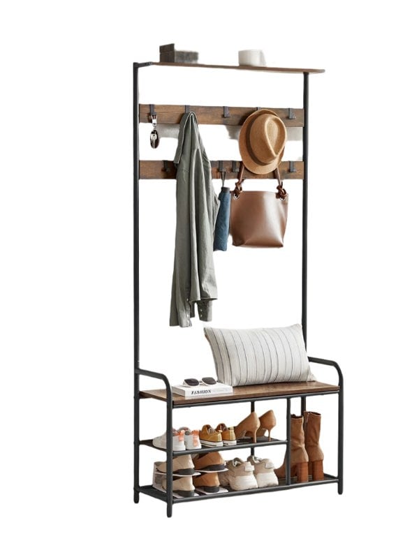 Modcraft Industrial Coat Tree with Shoe Storage Bench – 9 Hooks