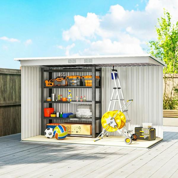 Light grey corrugated metal shed with open doors and organized interior storage