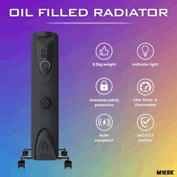 MYLEK Oil Filled Radiator 2000w Portable Heater Thermostat 24 Hour Timer Grey