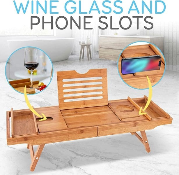 MANTRARAJ Bathtub Tray Bath Caddy Breakfast Tray Natural Bamboo Wood 2 in 1 Bath Tub Tray