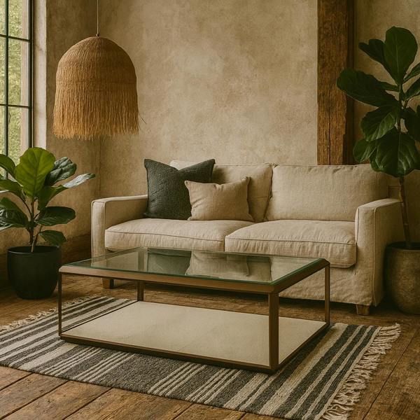 Wyld Haus Klain Brass and Ivory Shagreen Glass Top Coffee Table