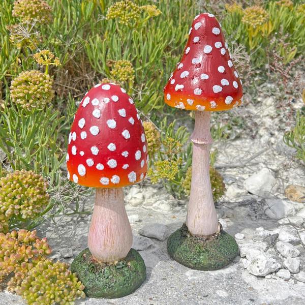 Farmwood Pair of Pointed Garden Mushroom Red Cap Toadstool Ornaments