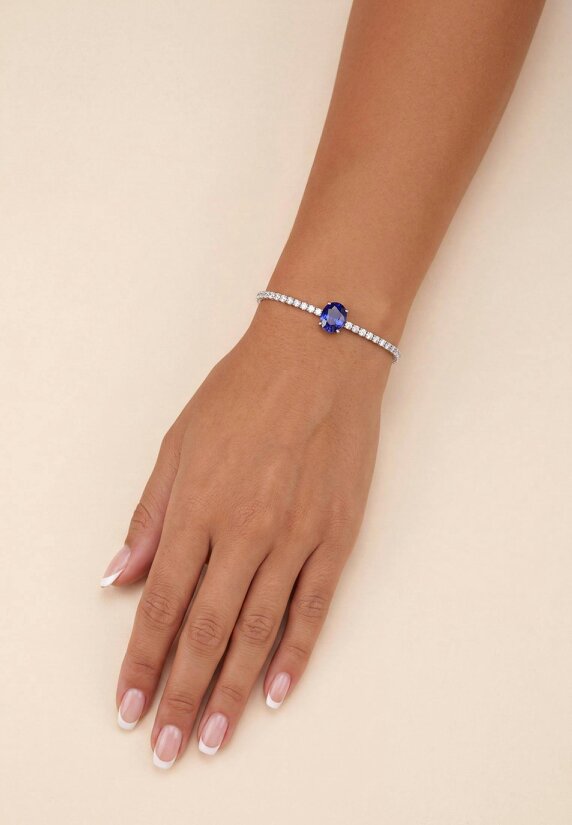 Latelita Garbo Oval Gemstone Tennis Bracelet Sapphire Silver