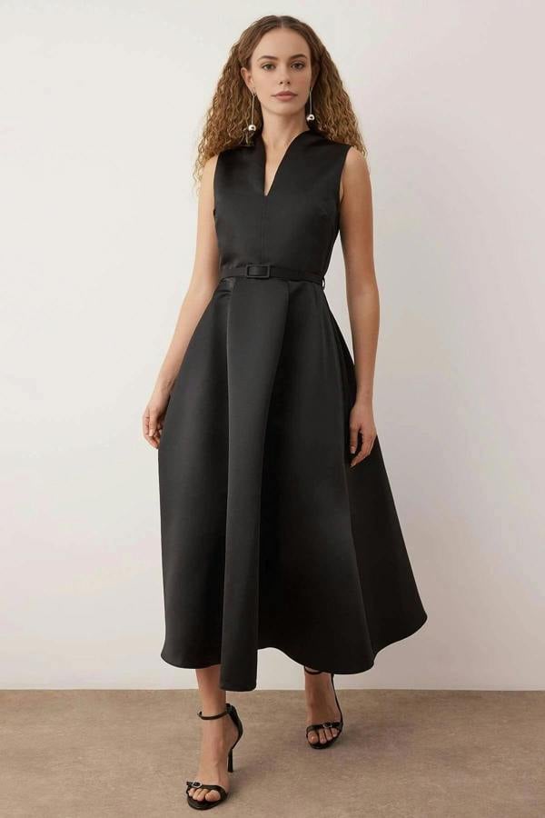 WOVCOR Belted V-Neck Satin Maxi Evening Dress