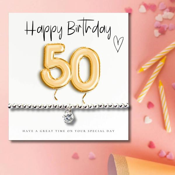 Aye Do Gifts 50th Birthday Cubic Zirconia Silver Bracelet & Gold Balloons Card
