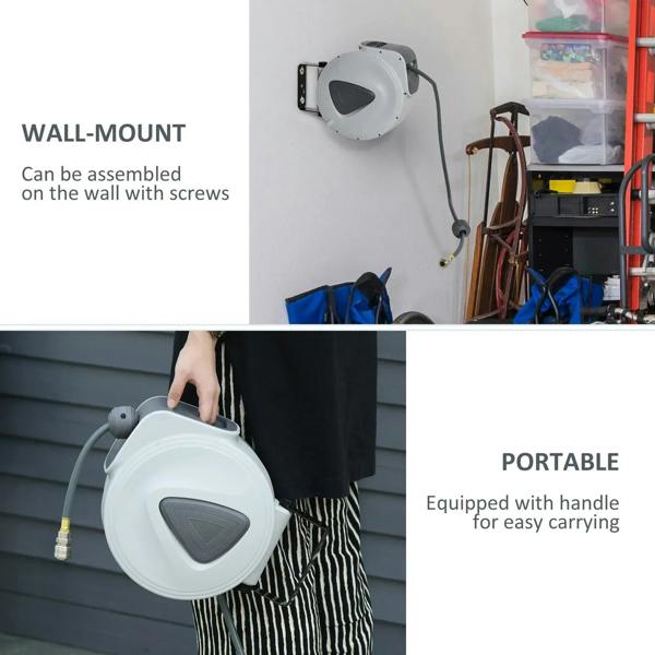 White wall-mounted retractable air hose reel with coiled hose and brass quick connector