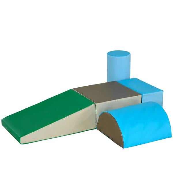 Kids foam climbing and crawling set with blue tunnels, green ramp, and beige blocks