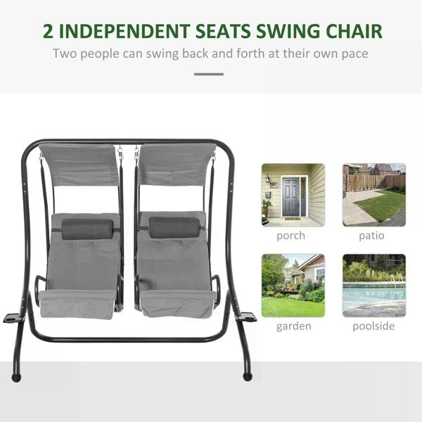 Grey double canopy swing chair with two independent seats and front armrests