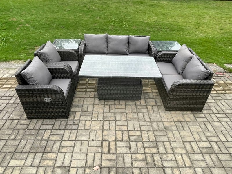 Fimous Dark Grey Mixed PE Rattan Outdoor Dining Set - Height Adjustable Lifting Table, Reclining Chair & 2 Side Tables