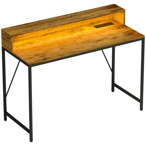 Wyld Haus Hanive 120cm Rustic Brown Gaming Desk With LED Lights Power Outlets And Monitor Stand