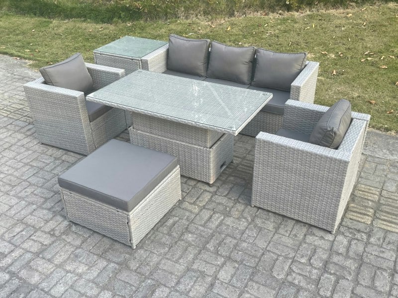 Fimous Rattan Garden Funiture Set Adjustable Rising Lifting Table Sofa Dining Set With 2 Arm Chair Side Table Big Footstool