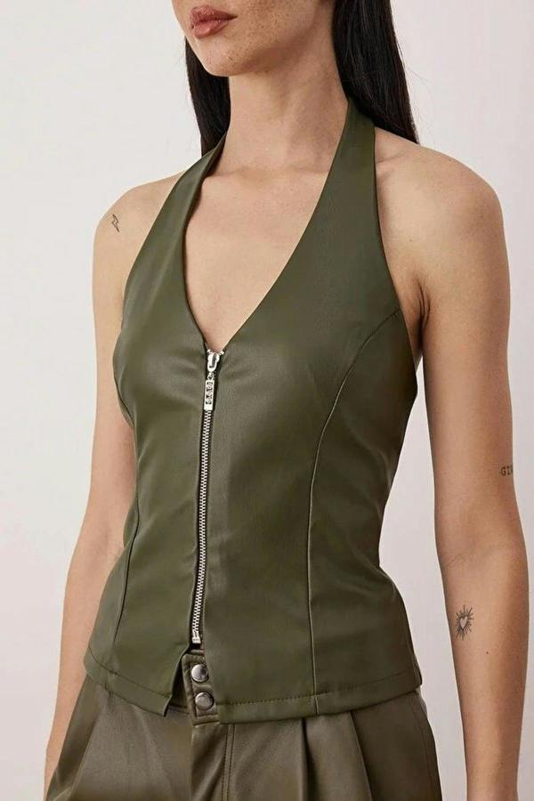 WOVCOR V-Neck Faux Leather Party Blouse with Zipper Detail