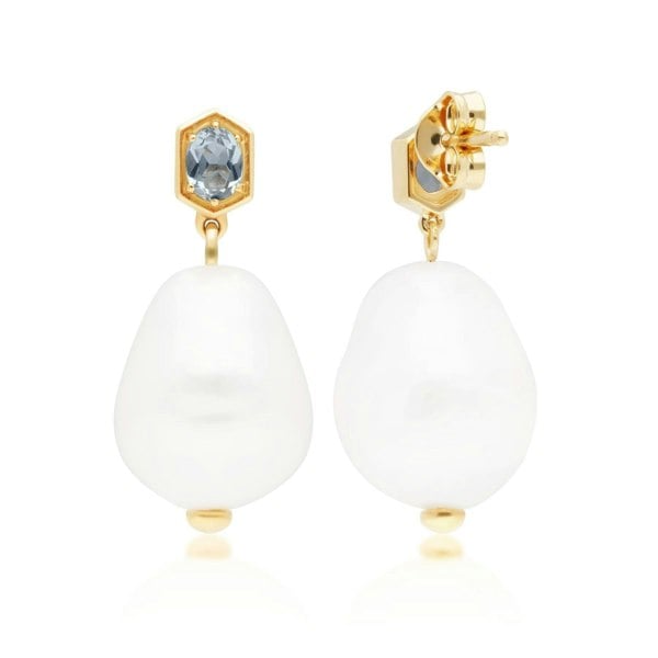 270E028206925 Modern Baroque Pearl & Aquamarine Drop Earrings in Gold Plated Silver 4