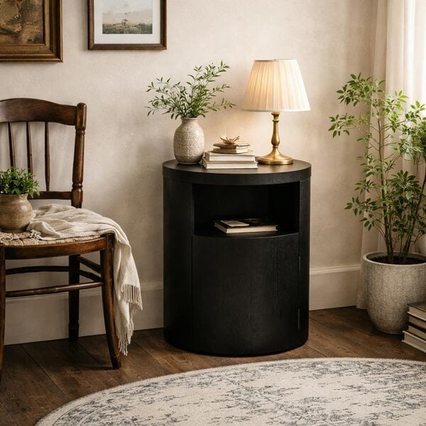 Wyld Haus Yori Round Black Bedside Cabinet 1 Door Open Shelf