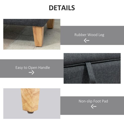 Wyld Haus Cose Linen Dark Grey Storage Ottoman With Padded Seat Natural Wooden Legs