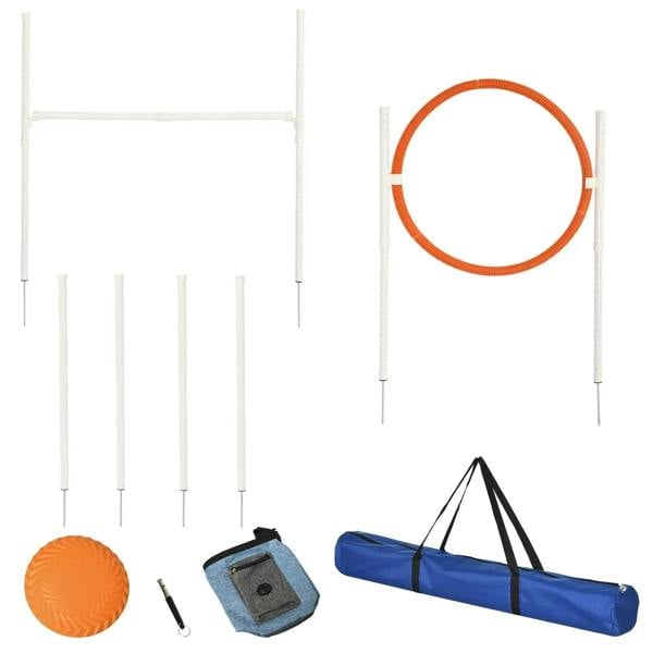 Dog agility training equipment set with orange hoop, flying disc, treat pouch, and whistle