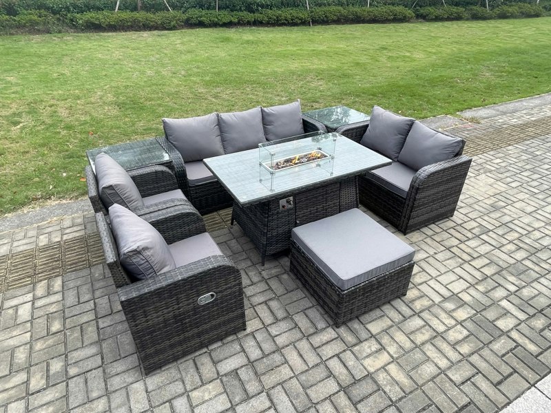 Fimous Rattan Outdoor Garden Furniture Set with Gas Fire Pit Table, 2 Sofas,  2 Chairs, 2 Side Tables & Large Footstool - 8 Seater - Dark Grey