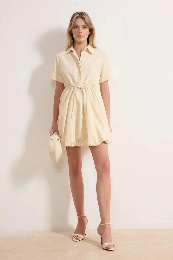 WOVCOR Lace-Up Mini Balloon Skirt Detail Woven Dress
