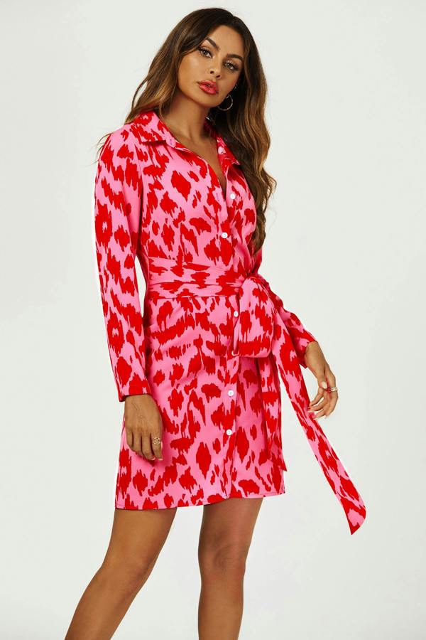 FS Collection Abstract Print Shirt Mini Wrap Dress In Pink