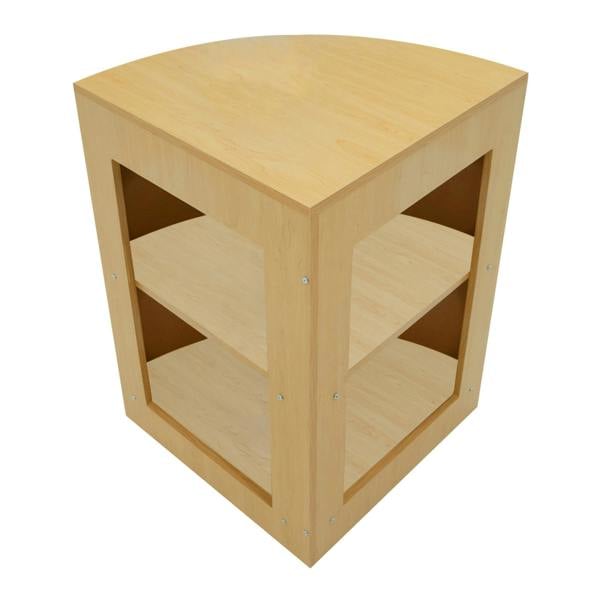 Vega LED Shop Counter Set in maple finish features a curved top, open shelving, and smooth wood texture for modern retail displays
