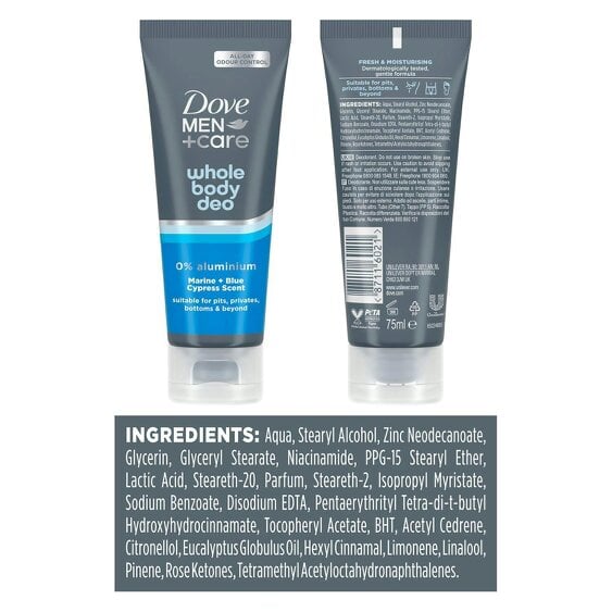 Dove Men+Care Whole Body Deodorant Cream Marine & Cypress 72H Protection, 6x75ml