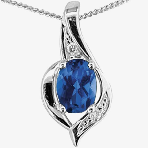 T. H. Baker 9ct White Gold Sapphire and Diamond Oval Pendant P1860W/9-10 SAPH