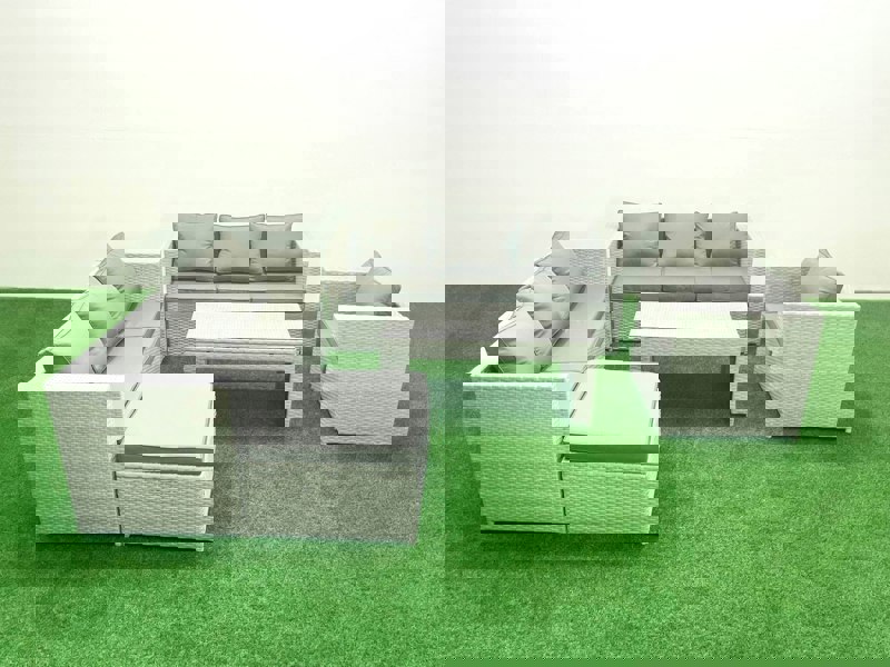 Fimous Wicker PE Rattan Sofa Garden Furniture Set with Oblong Coffee Table Armchair Big Footstool Light Grey Mixed