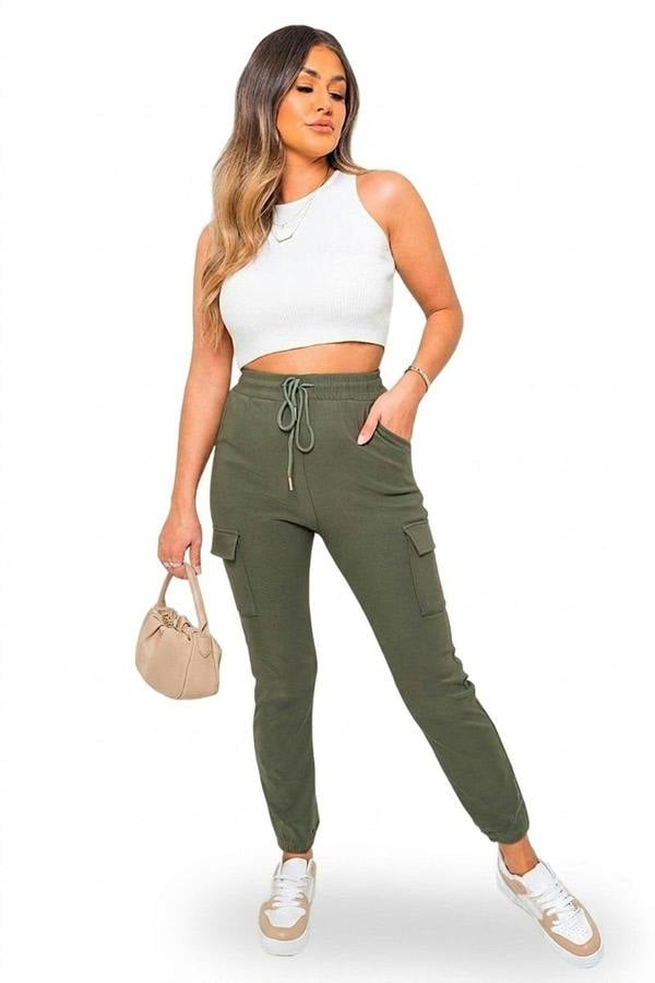 Plus Size Frankie Cargo Pocket Trouser With Drawstring - Khaki_wb