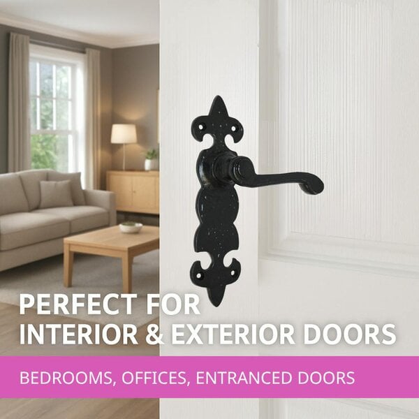 EDH Door Hardware Black Cast Iron Fleur-de-Lys Door Handles – Lever Latch, Bathroom Lock & 3 Lever Lock Sets