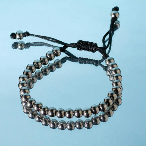 Stainless Steel Bracelet for Kids with Metal Beads on Adjustable Black Cord - namana.london
