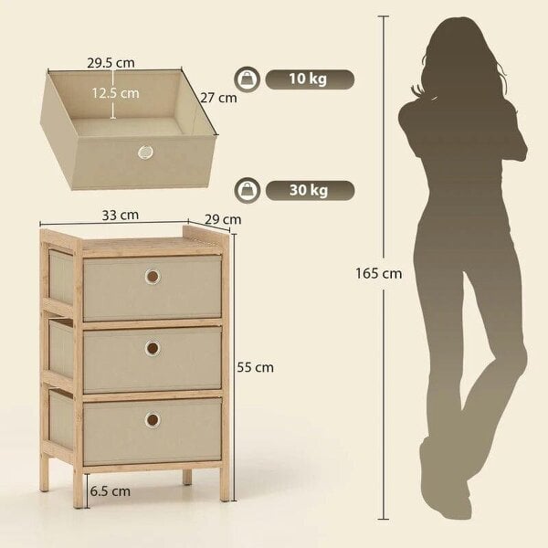Chest of Drawers, 3 Fabric Drawers Narrow Dresser with Bamboo Frame, Cream White