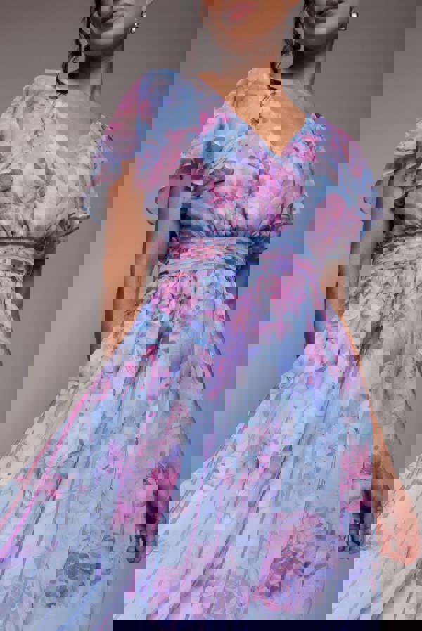 Printed Silky Chiffon Flutter Sleeve Maxi Dress - Blue DR4579