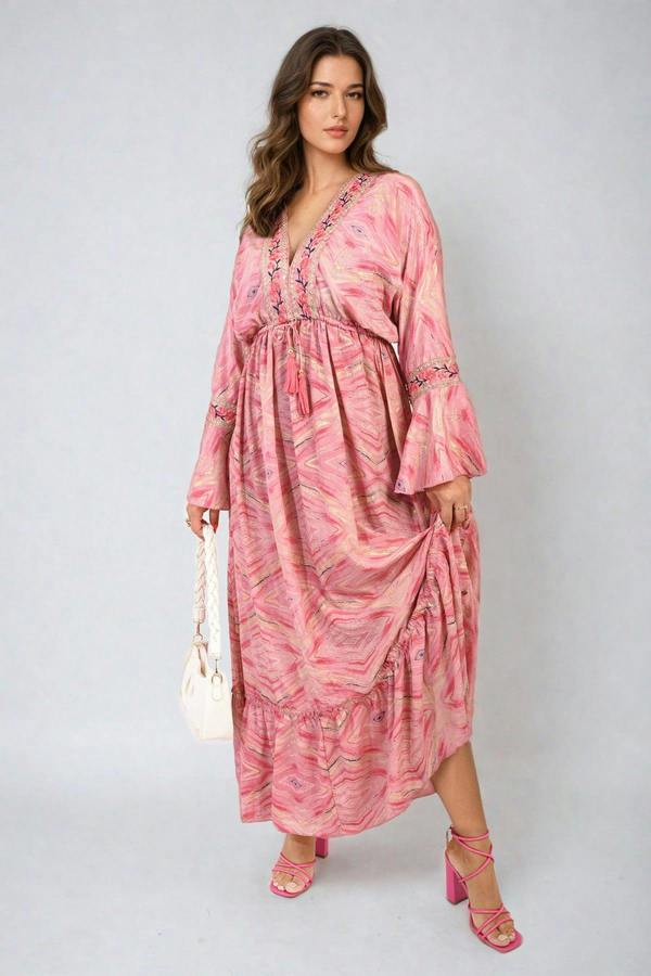 Melissa Printed Long V-neck Ruffled Hem Maxi Dress - Pink