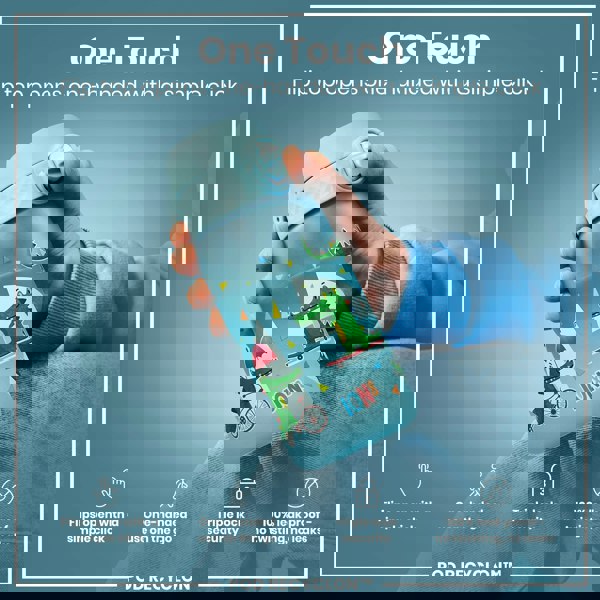 A light-blue water bottle, featuring cartoon crocodiles, is held; its flip top opens with a single click. The bottle's features are highlighted: one-handed use, triple lock security, and 100% leak-proof design. POD RECYCLON™ is also indicated.